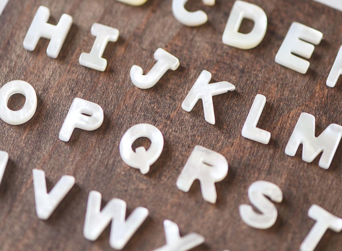 White Mother of Pearl Alphabet Beads, MOP Shell Letter Charms 10mm, You Choose Letter -(V1303)