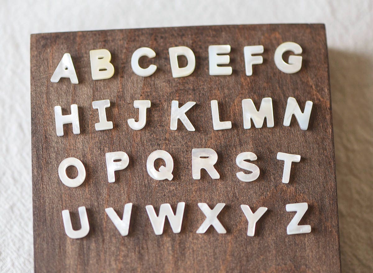 White Mother of Pearl Alphabet Beads, MOP Shell Letter Charms 10mm, You Choose Letter -(V1303)