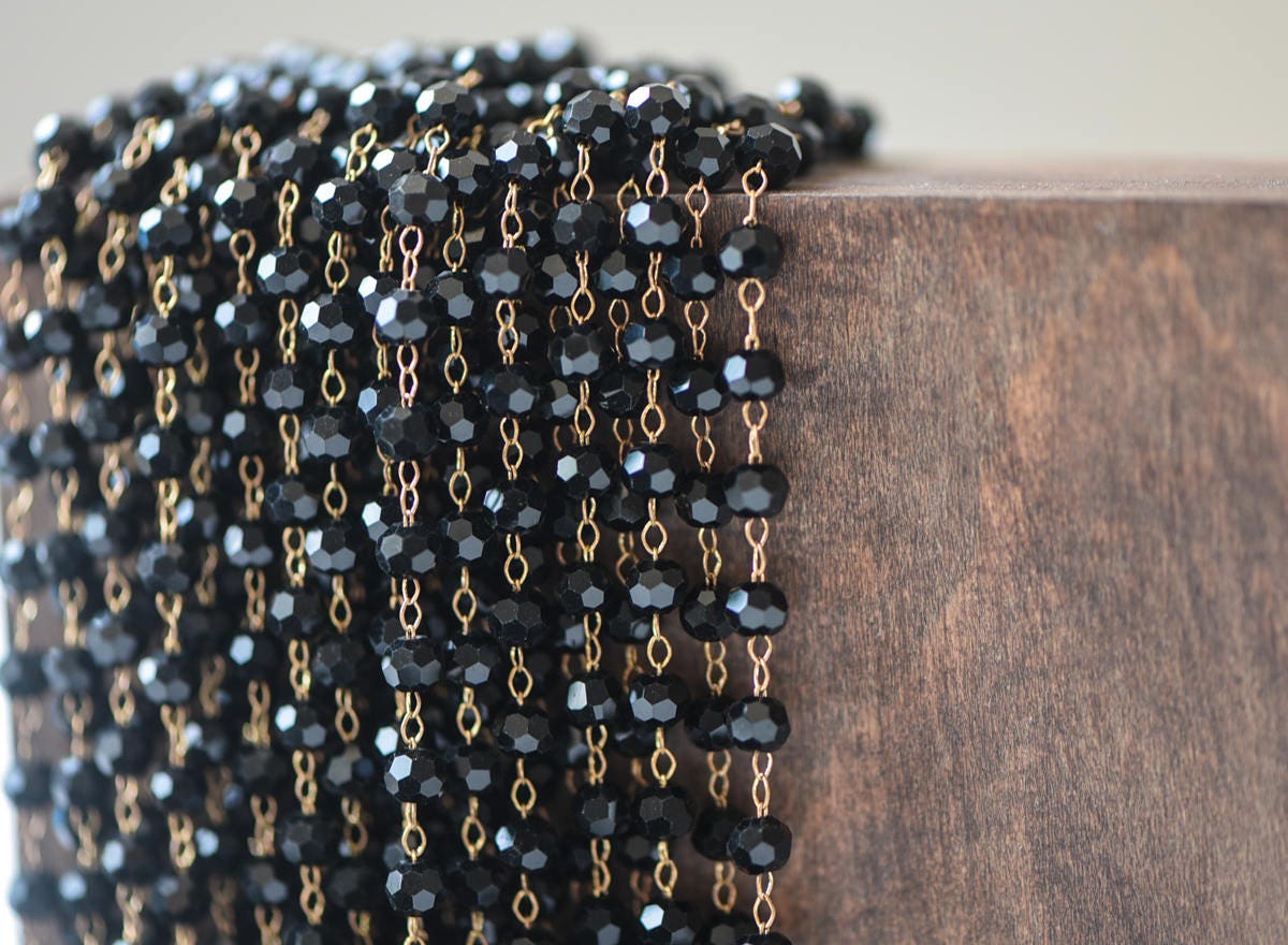 Crystal Faceted Round Bead Chain, Raw Brass Beaded Chains, 4mm Black (#LK-044-1)/ 1 Meter=3.3ft