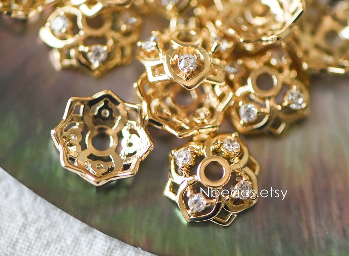 10pcs Gold/ Silver tone Floral Bead Caps 6/ 7/ 8/ 10mm, 18K Real Gold/ Rhodium plated Brass, CZ pave Flower Cap Ends (GB-090)