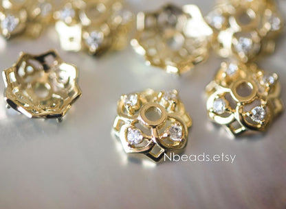 10pcs Gold/ Silver tone Floral Bead Caps 6/ 7/ 8/ 10mm, 18K Real Gold/ Rhodium plated Brass, CZ pave Flower Cap Ends (GB-090)
