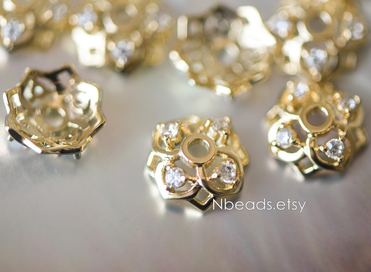 10pcs Gold/ Silver tone Floral Bead Caps 6/ 7/ 8/ 10mm, 18K Real Gold/ Rhodium plated Brass, CZ pave Flower Cap Ends (GB-090)
