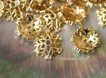 10pcs Gold Micro CZ Pave Bead Caps 11mm , Gold plated Brass Flower Cap Ends, Lead Nickel Free (GB-091)