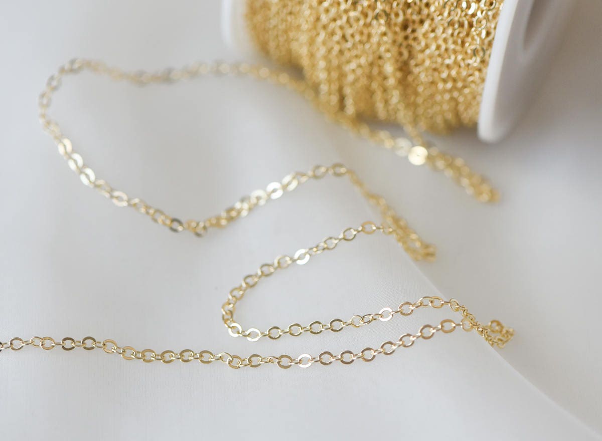 Dainty Gold plated Brass Cable Chains, Soldered Oval Chain Wholesale, 1.2/ 1.4/ 1.6/ 1.8/ 2/ 3.2mm Multi Sizes (#LK-106)/ 1 Meter=3.3 ft