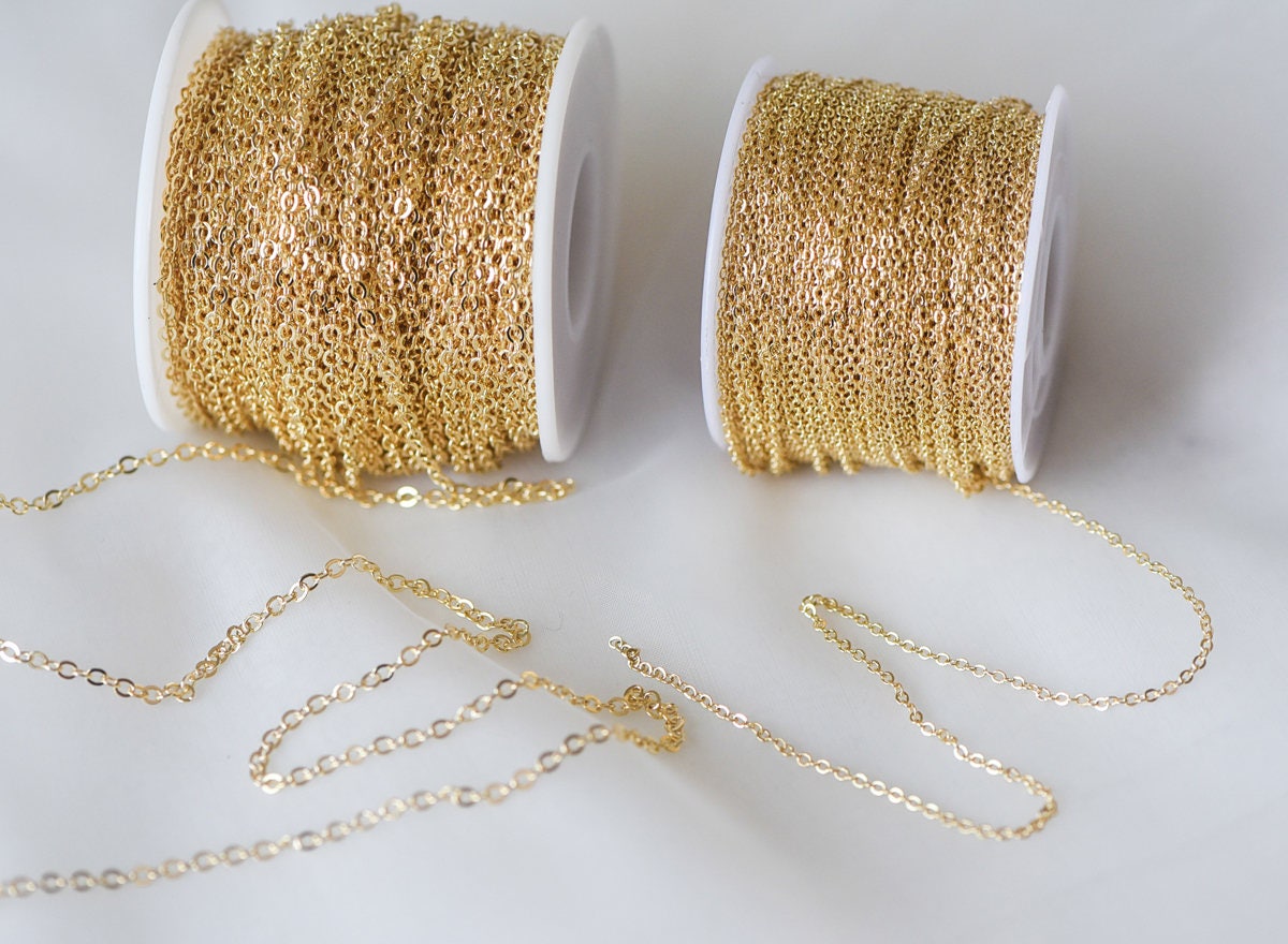 Dainty Gold plated Brass Cable Chains, Soldered Oval Chain Wholesale, 1.2/ 1.4/ 1.6/ 1.8/ 2/ 3.2mm Multi Sizes (#LK-106)/ 1 Meter=3.3 ft