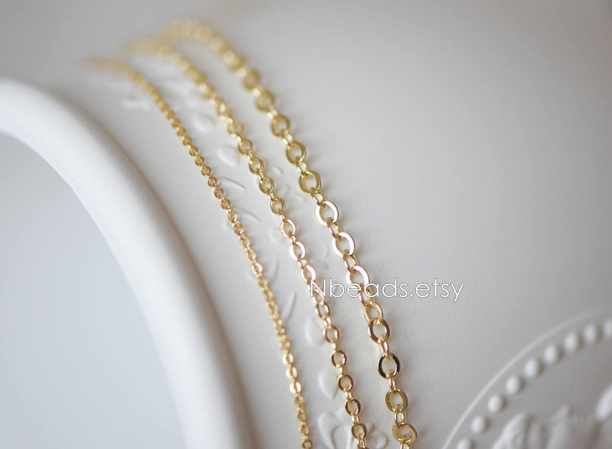 Dainty Gold plated Brass Cable Chains, Soldered Oval Chain Wholesale, 1.2/ 1.4/ 1.6/ 1.8/ 2/ 3.2mm Multi Sizes (#LK-106)/ 1 Meter=3.3 ft