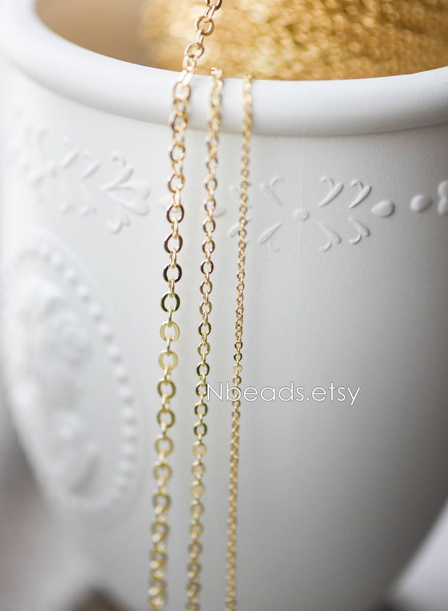 Dainty Gold plated Brass Cable Chains, Soldered Oval Chain Wholesale, 1.2/ 1.4/ 1.6/ 1.8/ 2/ 3.2mm Multi Sizes (#LK-106)/ 1 Meter=3.3 ft