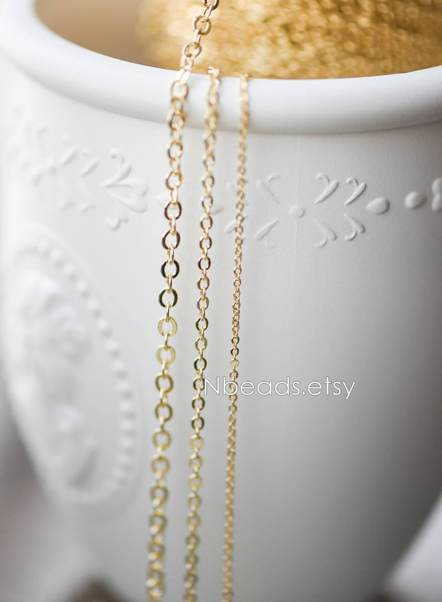 Dainty Gold plated Brass Cable Chains, Soldered Oval Chain Wholesale, 1.2/ 1.4/ 1.6/ 1.8/ 2/ 3.2mm Multi Sizes (#LK-106)/ 1 Meter=3.3 ft