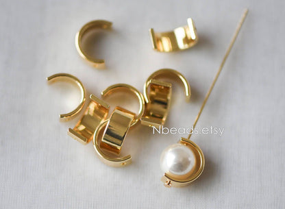 10pcs Gold Round Bead Frame Charms, Real Gold plated Brass Half Ring Connectors, Inner 8.5/ 9.8mm (GB-112)