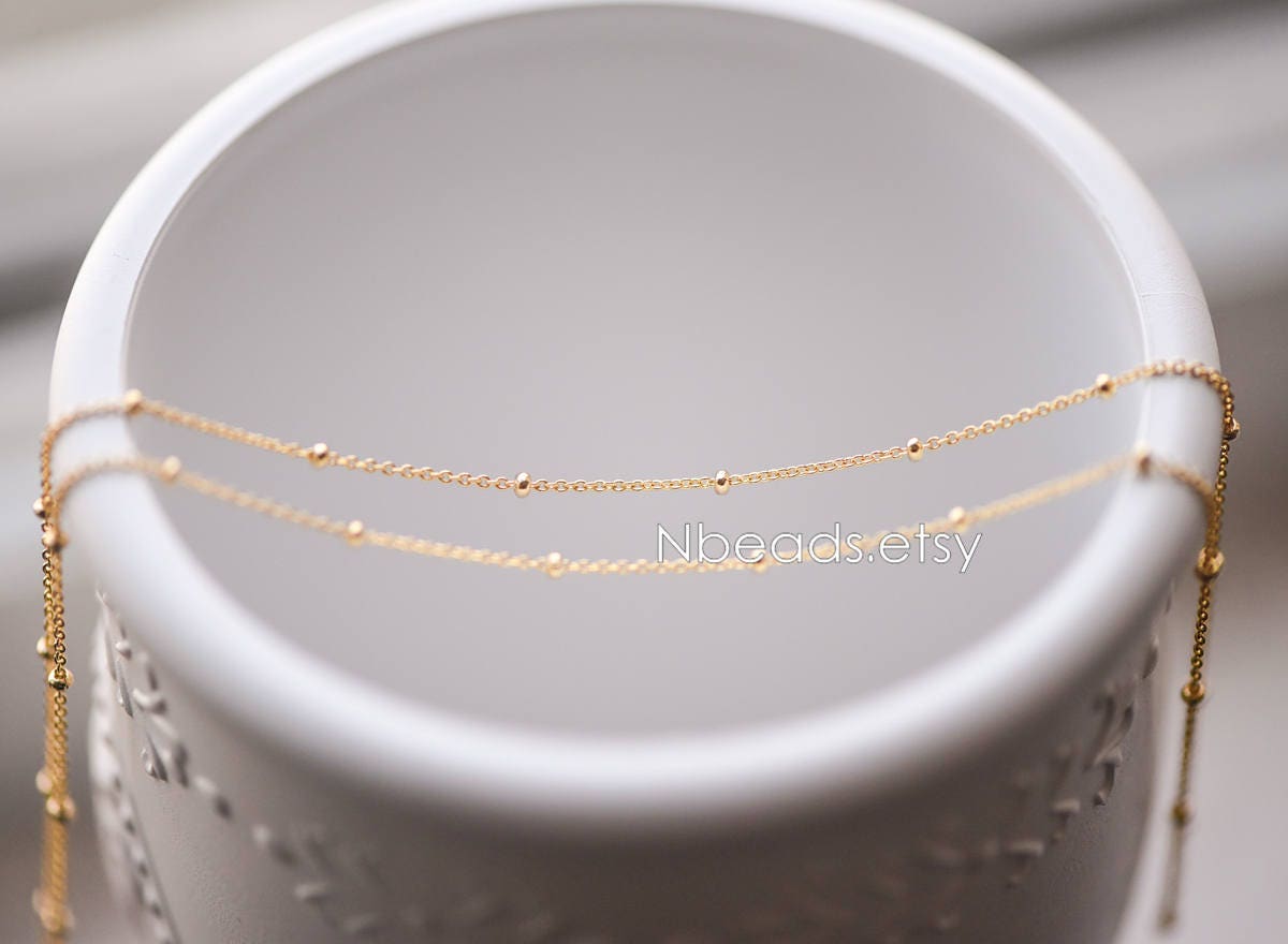 Gold/ Rhodium plated Brass Satellite Chains, 1.3mm Chain with 2mm Rondelle Beads, DIY Necklace Chain Wholesale (#LK-125)/ 1 Meter=3.3 ft