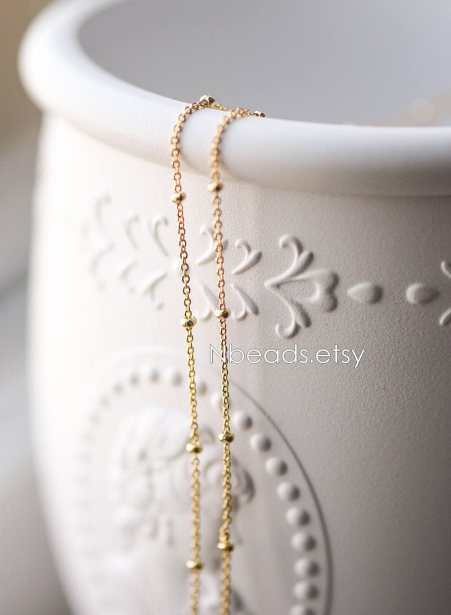 Gold/ Rhodium plated Brass Satellite Chains, 1.3mm Chain with 2mm Rondelle Beads, DIY Necklace Chain Wholesale (#LK-125)/ 1 Meter=3.3 ft