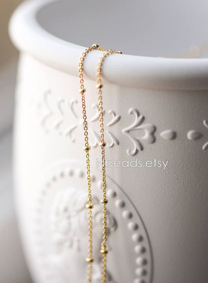 Gold/ Rhodium plated Brass Satellite Chains, 1.3mm Chain with 2mm Rondelle Beads, DIY Necklace Chain Wholesale (#LK-125)/ 1 Meter=3.3 ft