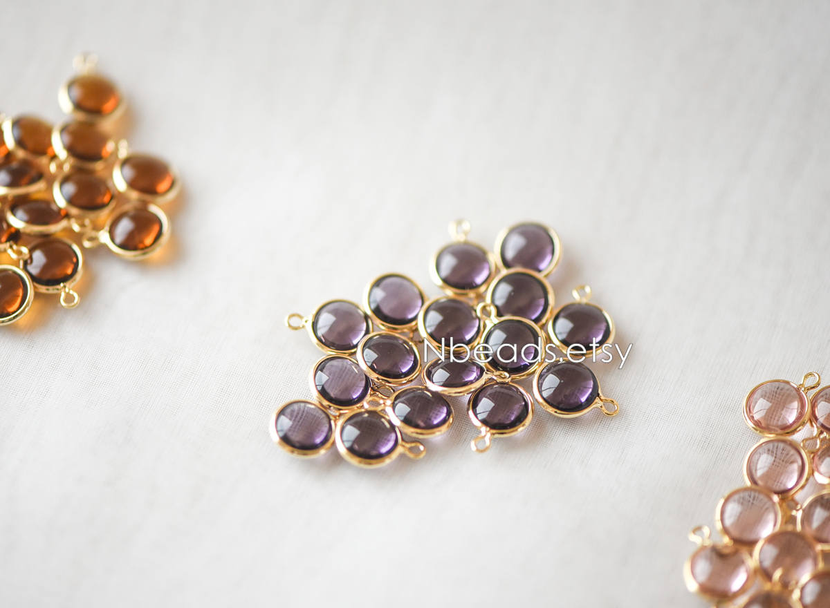 10pcs Gold Framed Crystal Coin Charms 9mm, Gold plated Brass Mini Charms, Purple Brown Pink (GB-130)