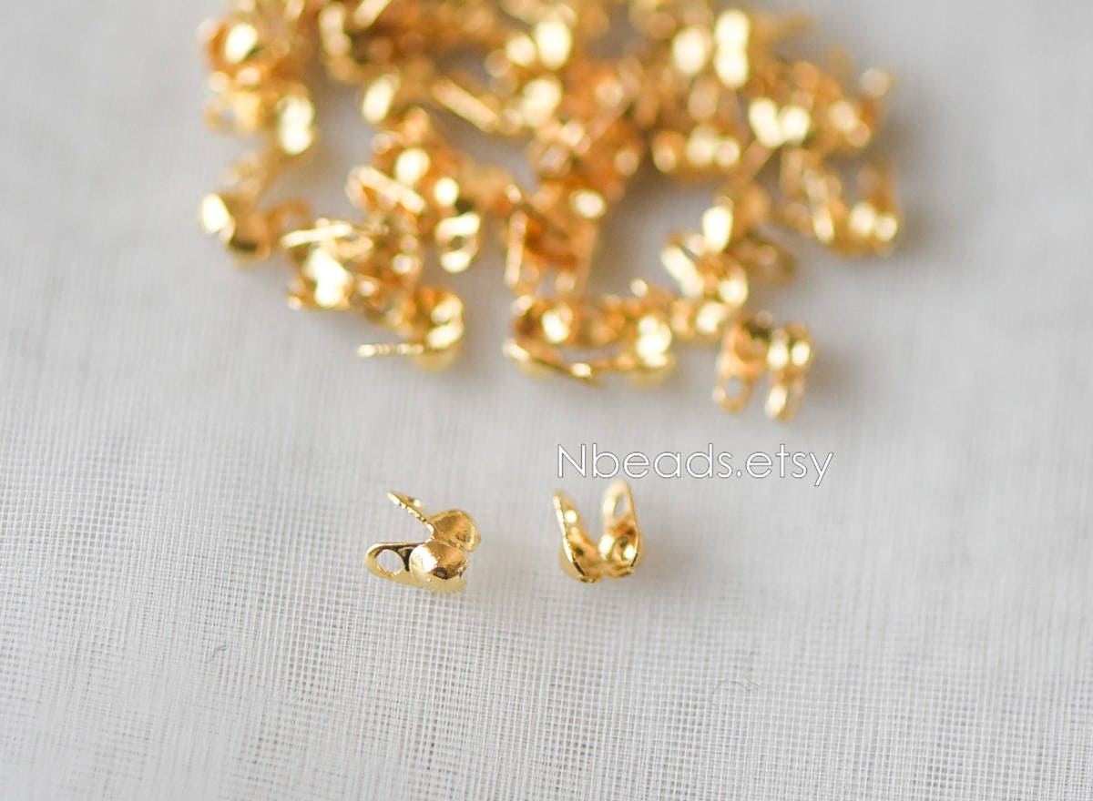 50pcs Gold/ Silver tone Side Clamp Bead Tips, Gold/ Rhodium plated Brass, Fit 1.5/ 2/ 2.5/ 3mm Beads, Multi Sizes (GB-134)