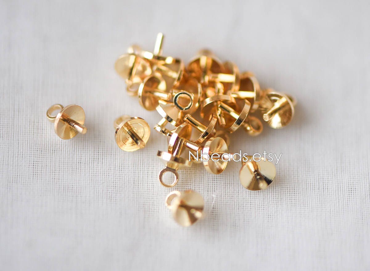 20pcs Gold plated Brass Peg Bail For Half Drilled Pearls Or Stones, Pearl Drop 4/ 5/ 6mm Cup (GB-135)