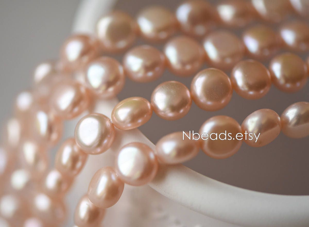 Freshwater Button Pearls 8mm, Peach Round Coin Pearl -(PL03-12)/ 15" full strand