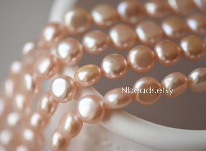 Freshwater Button Pearls 8mm, Peach Round Coin Pearl -(PL03-12)/ 15" full strand