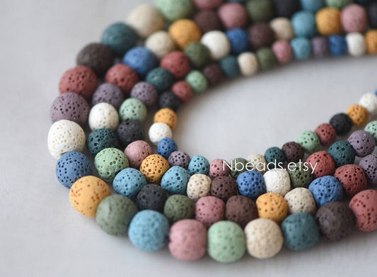 Volcanic Stone Round Beads, Natural Lava Beads Wholesale 6/ 8/ 10/ 12mm, Rainbow Mix Color (#V6080)