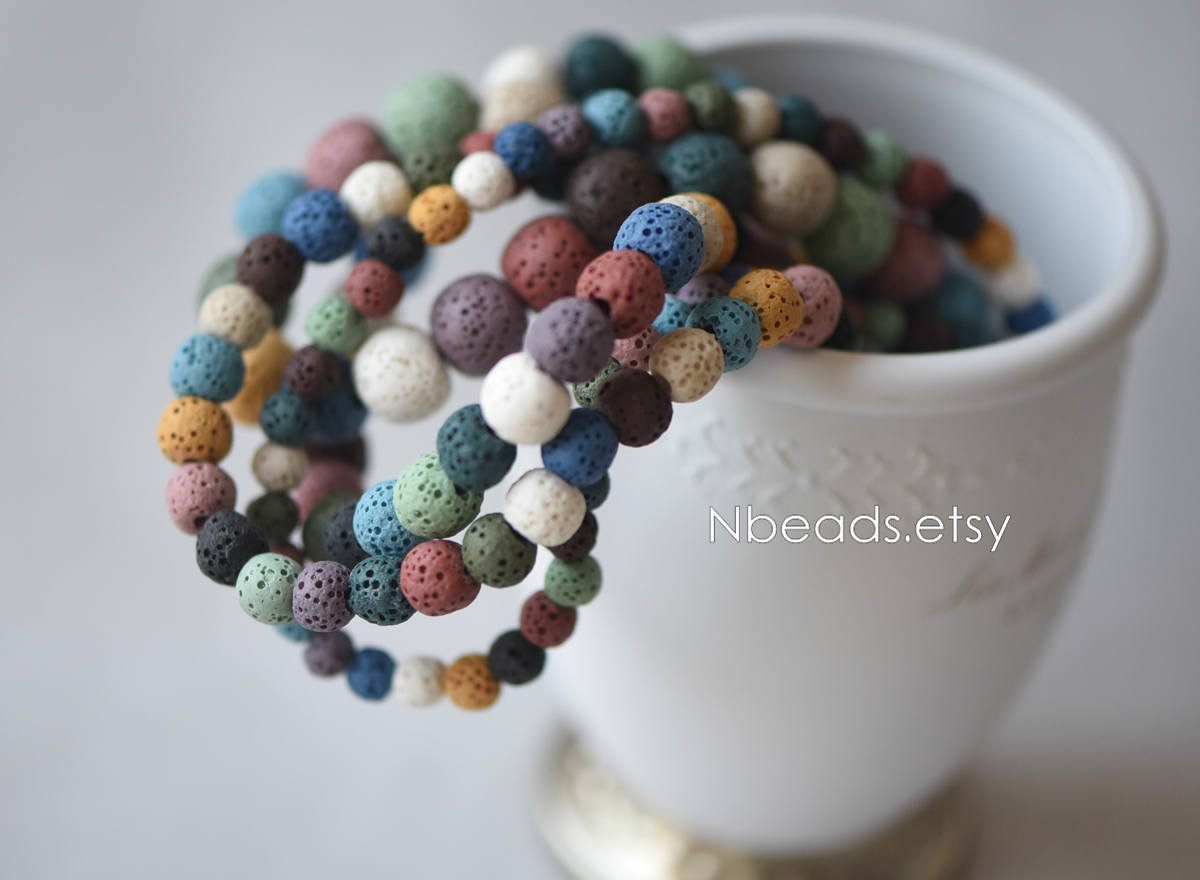 Volcanic Stone Round Beads, Natural Lava Beads Wholesale 6/ 8/ 10/ 12mm, Rainbow Mix Color (#V6080)
