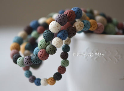 Volcanic Stone Round Beads, Natural Lava Beads Wholesale 6/ 8/ 10/ 12mm, Rainbow Mix Color (#V6080)