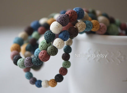Volcanic Stone Round Beads, Natural Lava Beads Wholesale 6/ 8/ 10/ 12mm, Rainbow Mix Color (#V6080)