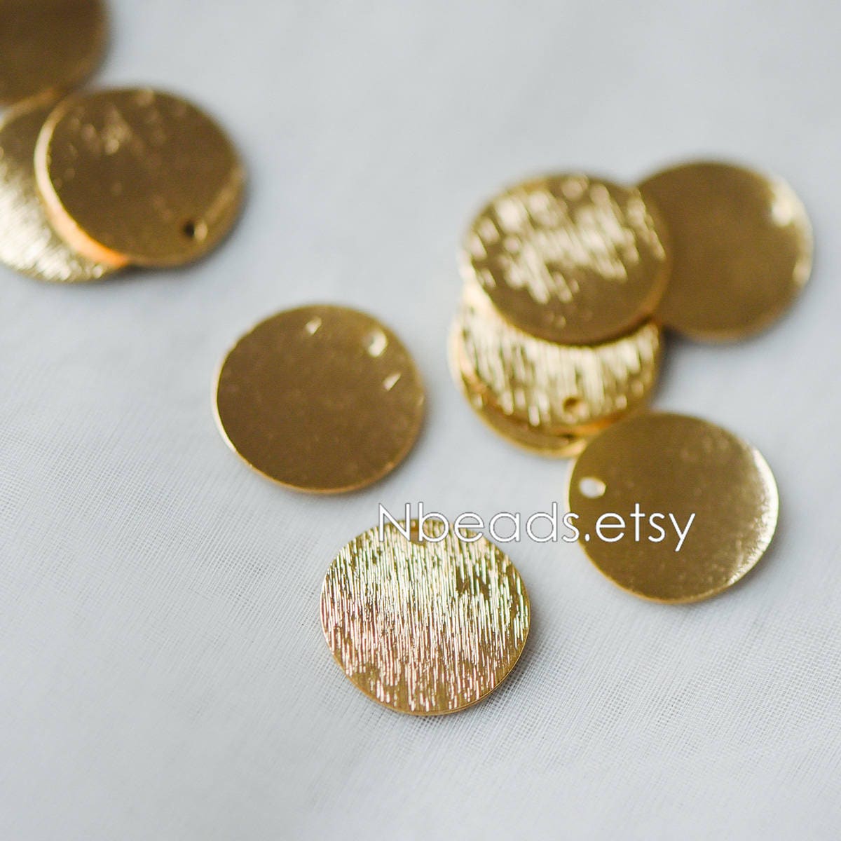 10pcs Brushed Gold Disc Charms: 18K Real Gold Plated Brass, 12/ 15/ 18mm (GB-3817)