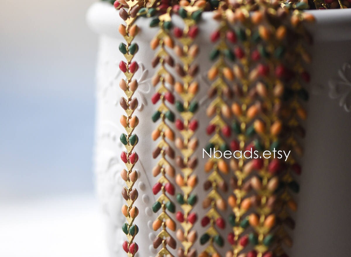 Rainbow Enamel Brass Arrow Chain 6mm, Flat Chevron Chain, Herringbone Fish bone Designer Chain (#LK-046-2)/ 1 Meter=3.3ft