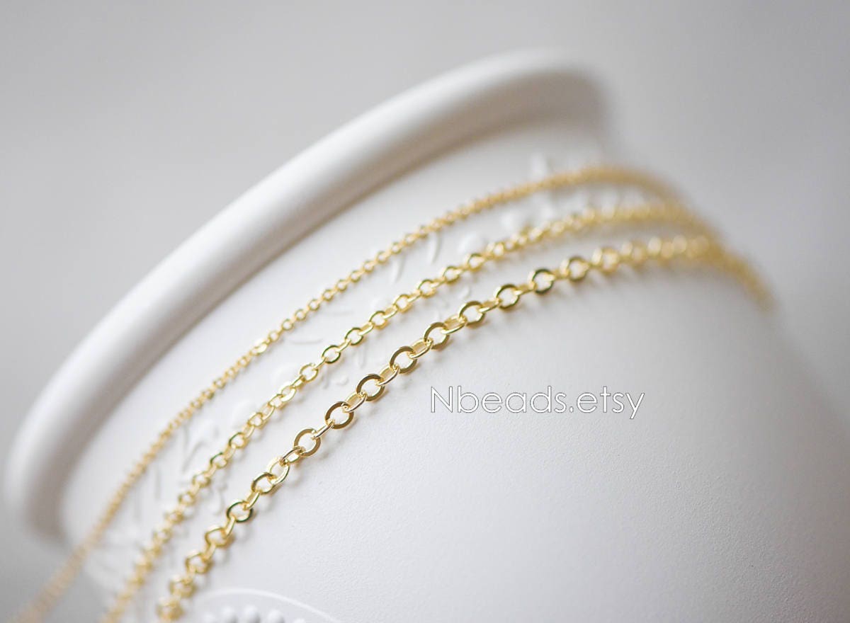 Dainty Gold plated Brass Cable Chains, Soldered Oval Chain Wholesale, 1.2/ 1.4/ 1.6/ 1.8/ 2/ 3.2mm Multi Sizes (#LK-106)/ 1 Meter=3.3 ft
