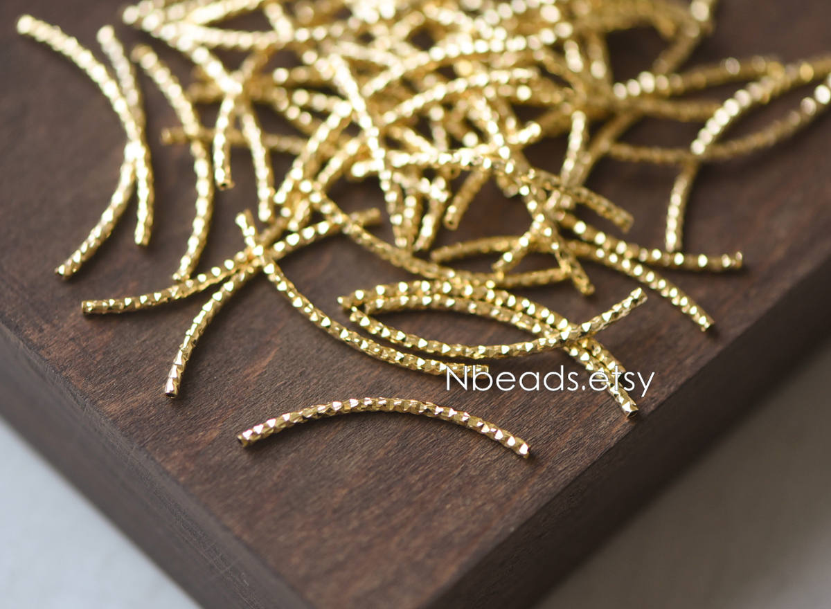20pcs Gold plated Brass Curved Tube Beads, 30mm Long by 1.5mm Wide, Metal Bar Spacer Beads (GB-046-B)