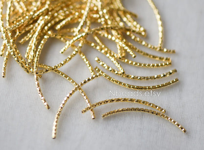 20pcs Gold plated Brass Curved Tube Beads, 30mm Long by 1.5mm Wide, Metal Bar Spacer Beads (GB-046-B)