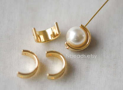 10pcs Gold Round Bead Frame Charms, Real Gold plated Brass Half Ring Connectors, Inner 8.5/ 9.8mm (GB-112)