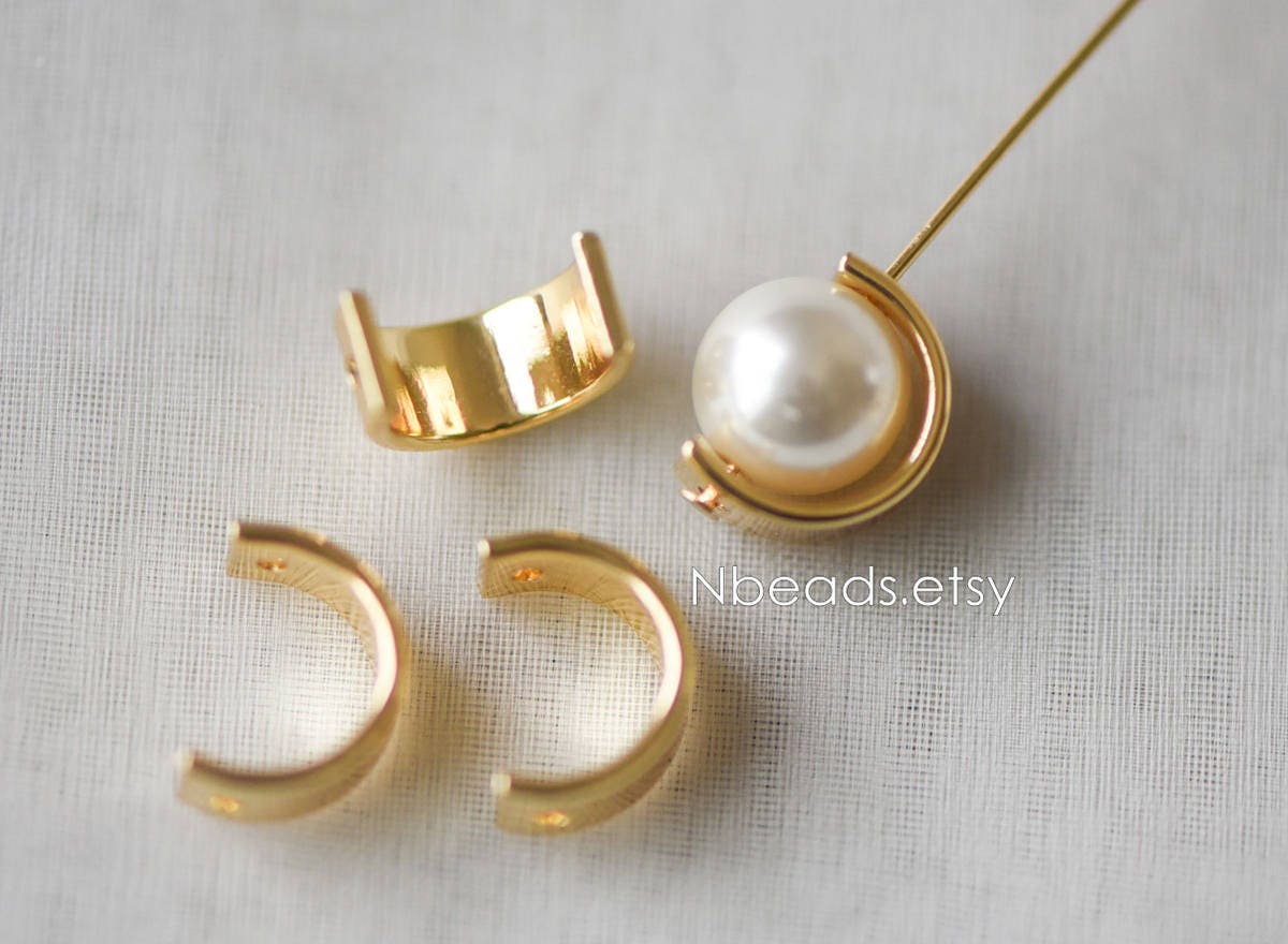 10pcs Gold Round Bead Frame Charms, Real Gold plated Brass Half Ring Connectors, Inner 8.5/ 9.8mm (GB-112)