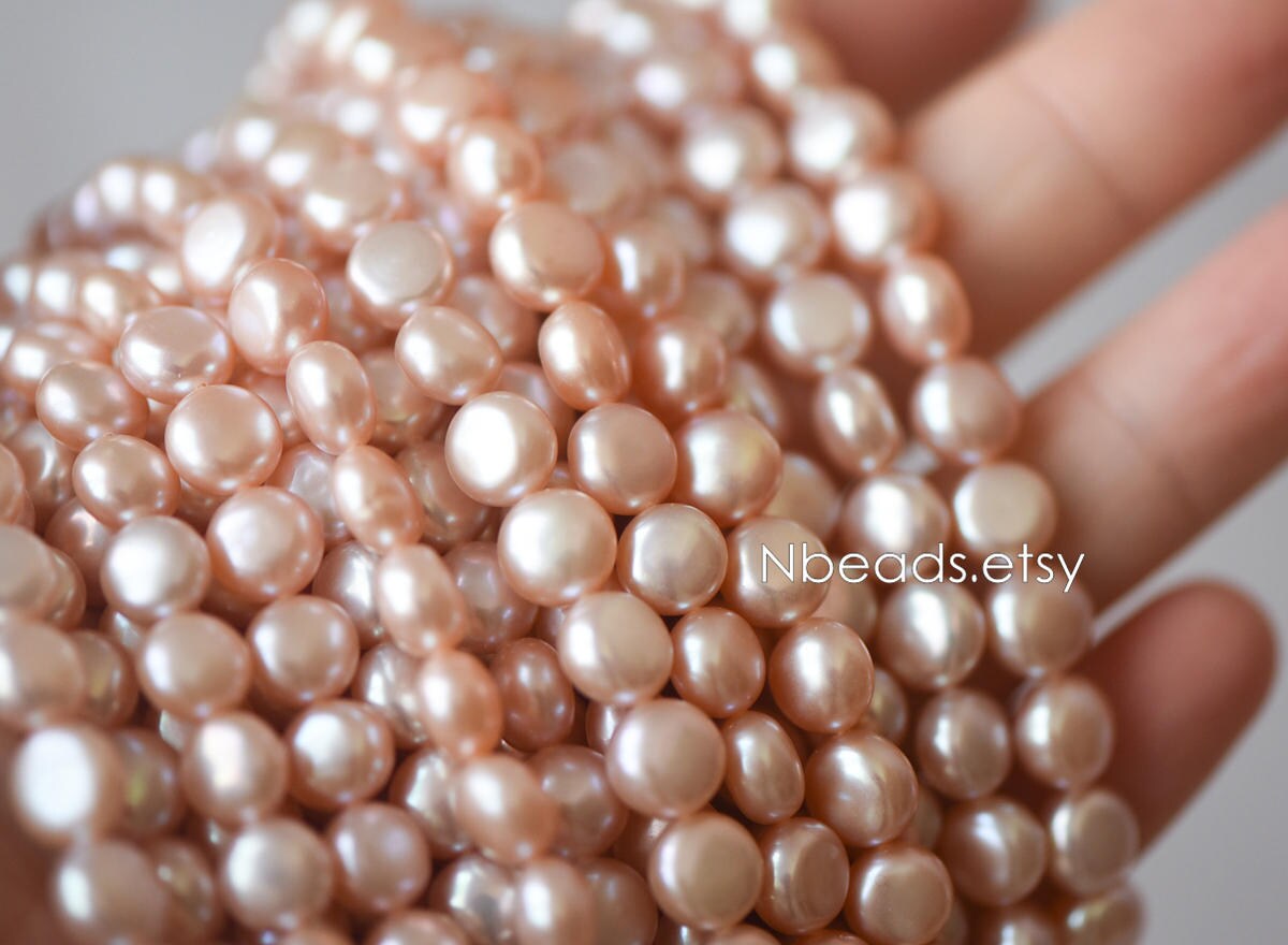 Freshwater Button Pearls 8mm, Peach Round Coin Pearl -(PL03-12)/ 15" full strand