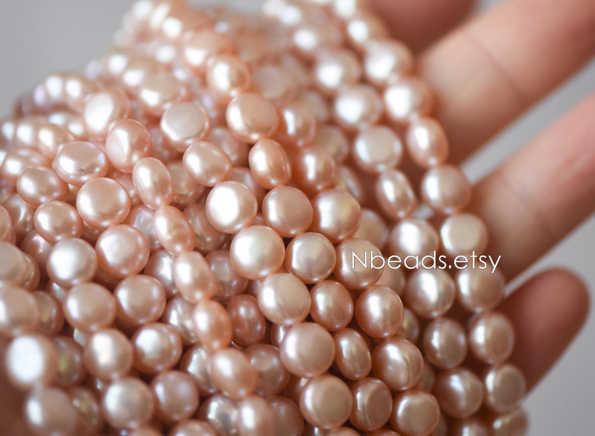 Freshwater Button Pearls 8mm, Peach Round Coin Pearl -(PL03-12)/ 15" full strand