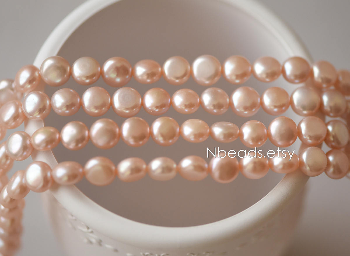 Freshwater Button Pearls 8mm, Peach Round Coin Pearl -(PL03-12)/ 15" full strand
