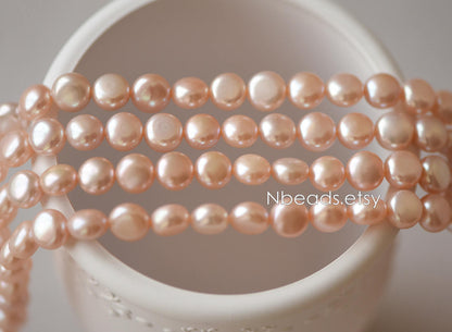 Freshwater Button Pearls 8mm, Peach Round Coin Pearl -(PL03-12)/ 15" full strand