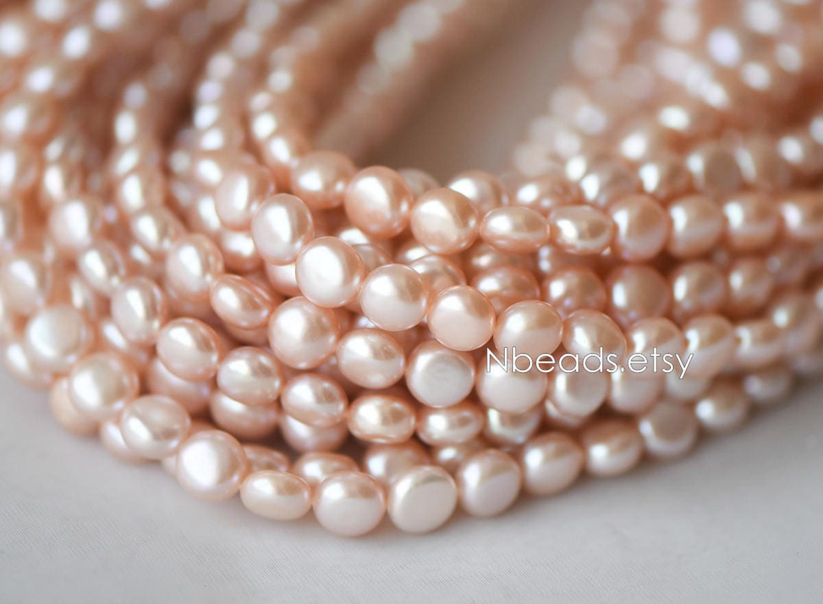 Freshwater Button Pearls 8mm, Peach Round Coin Pearl -(PL03-12)/ 15" full strand