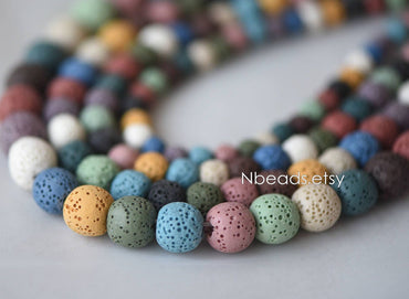 Volcanic Stone Round Beads, Natural Lava Beads Wholesale 6/ 8/ 10/ 12mm, Rainbow Mix Color (#V6080)