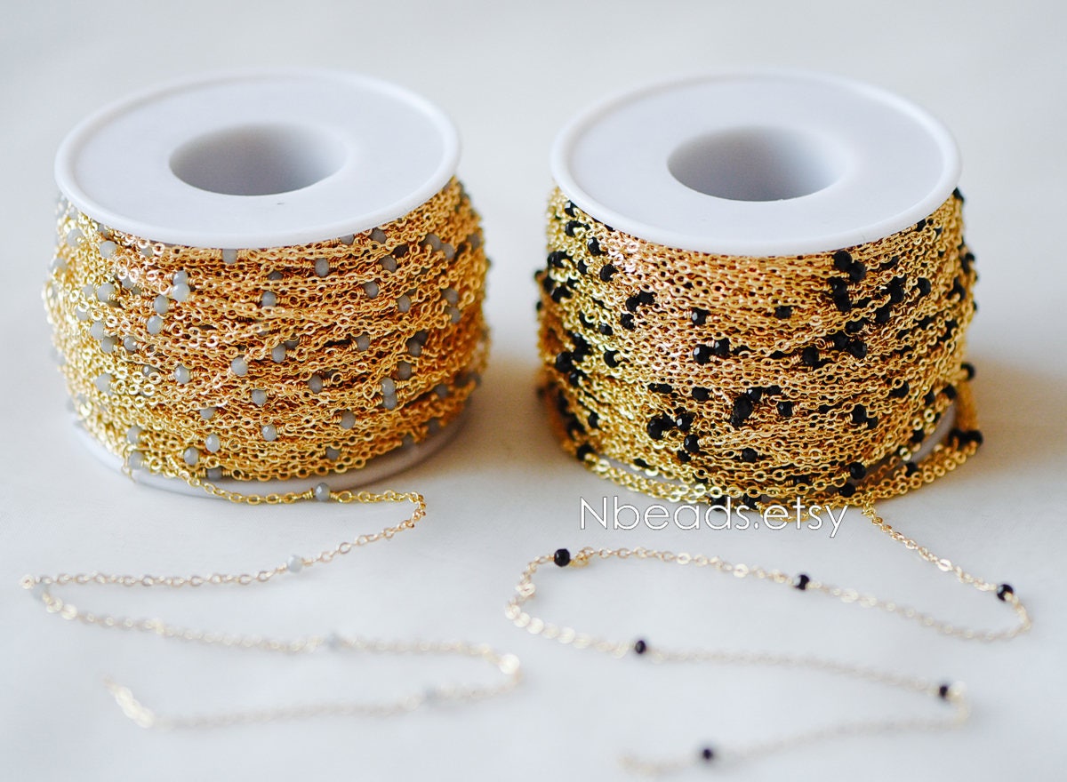 Gold plated Brass Crystal Bead Chains, 1.8mm Beaded Chains with 3mm Glass Rondelles, Black Grey White (#LK-145)/ 1 Meter=3.3 ft