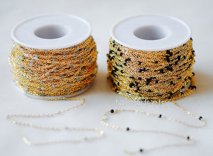 Gold plated Brass Crystal Bead Chains, 1.8mm Beaded Chains with 3mm Glass Rondelles, Black Grey White (#LK-145)/ 1 Meter=3.3 ft