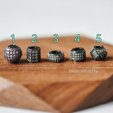 4pcs Black Micro Pave Spacer Beads, Gun Metal plated Brass Beads with CZ Pave, Large Hole Gunmetal Spacers (GB-156)