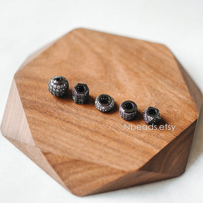 4pcs Black Micro Pave Spacer Beads, Gun Metal plated Brass Beads with CZ Pave, Large Hole Gunmetal Spacers (GB-156)
