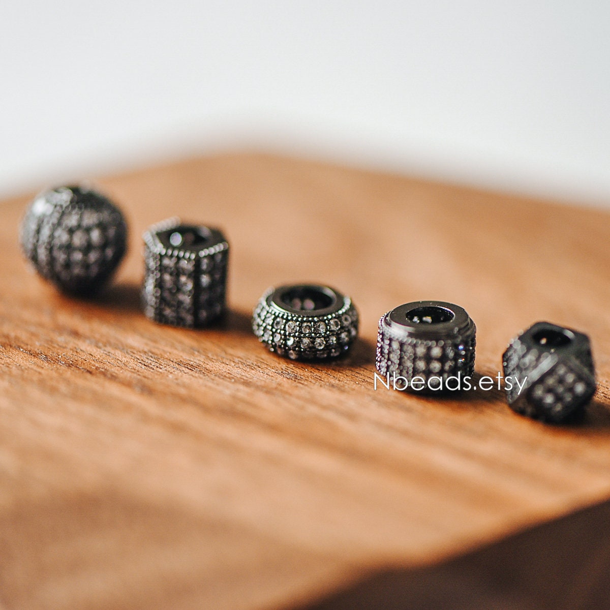 4pcs Black Micro Pave Spacer Beads, Gun Metal plated Brass Beads with CZ Pave, Large Hole Gunmetal Spacers (GB-156)