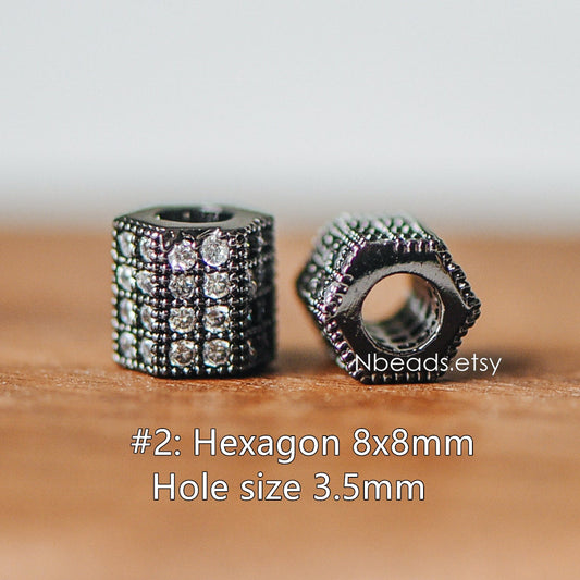 4pcs Black Micro Pave Spacer Beads, Gun Metal plated Brass Beads with CZ Pave, Large Hole Gunmetal Spacers (GB-156)