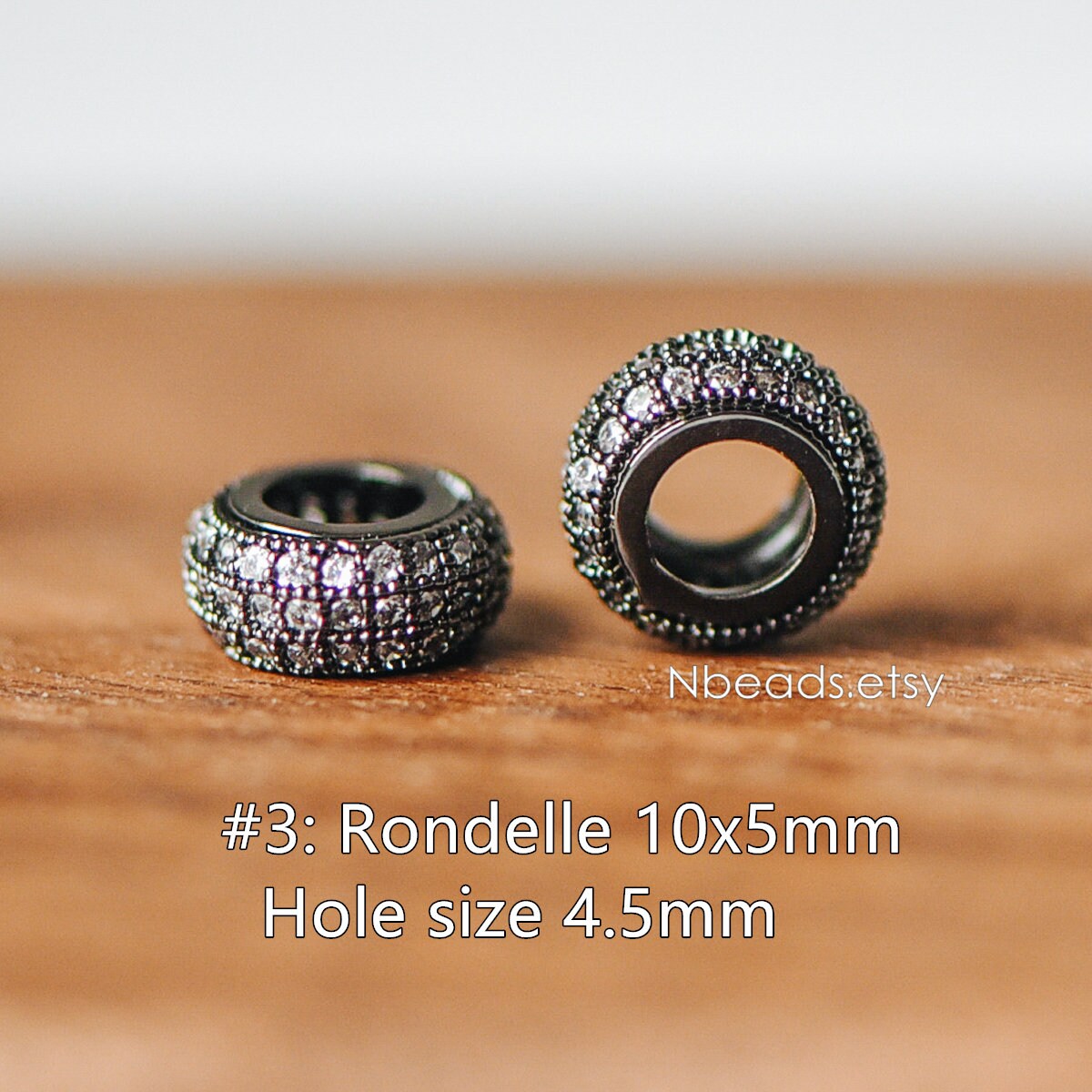 4pcs Black Micro Pave Spacer Beads, Gun Metal plated Brass Beads with CZ Pave, Large Hole Gunmetal Spacers (GB-156)