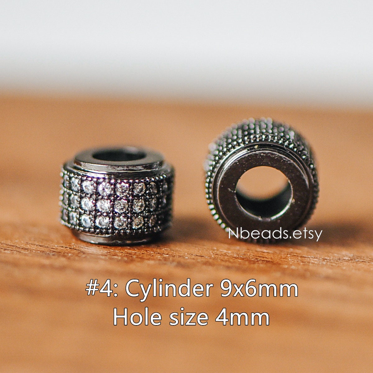 4pcs Black Micro Pave Spacer Beads, Gun Metal plated Brass Beads with CZ Pave, Large Hole Gunmetal Spacers (GB-156)