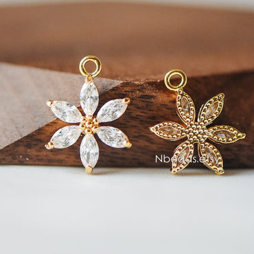 4pcs Gold Zircon Flower Charm Pendants 19x15mm, Real Gold plated Brass, Lead Nickel Free (GB-584-C)