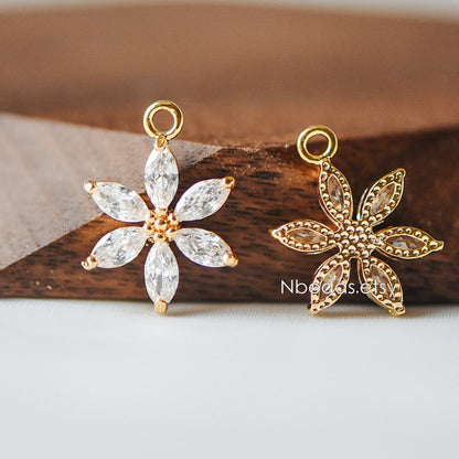 4pcs Gold Zircon Flower Charm Pendants 19x15mm, Real Gold plated Brass, Lead Nickel Free (GB-584-C)