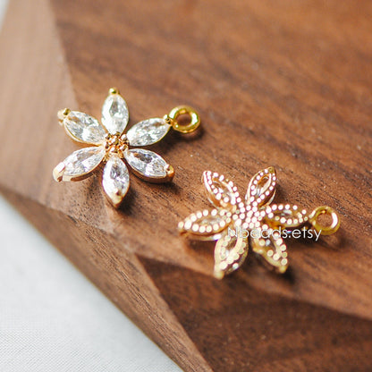 4pcs Gold Zircon Flower Charm Pendants 19x15mm, Real Gold plated Brass, Lead Nickel Free (GB-584-C)