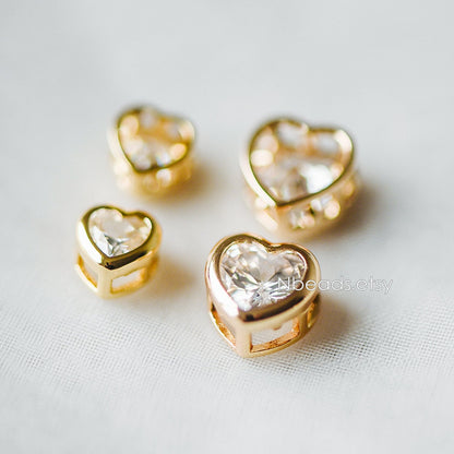10pcs CZ Pave Heart Beads 7/ 9mm, Real Gold plated Brass Heart Connectors (GB-163)